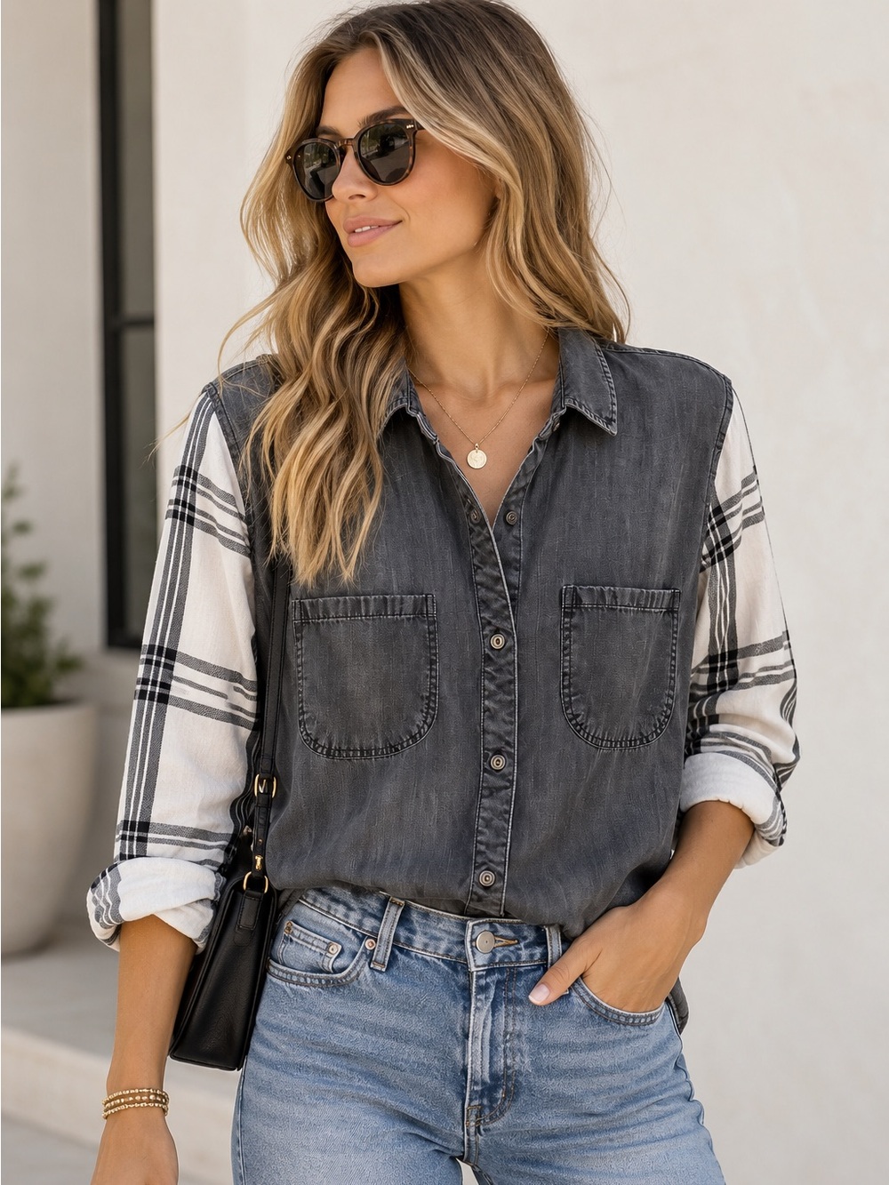 Rails Harper Charcoal Grey Washed White Plaid Sleeve Button-Up Shirt Too size S